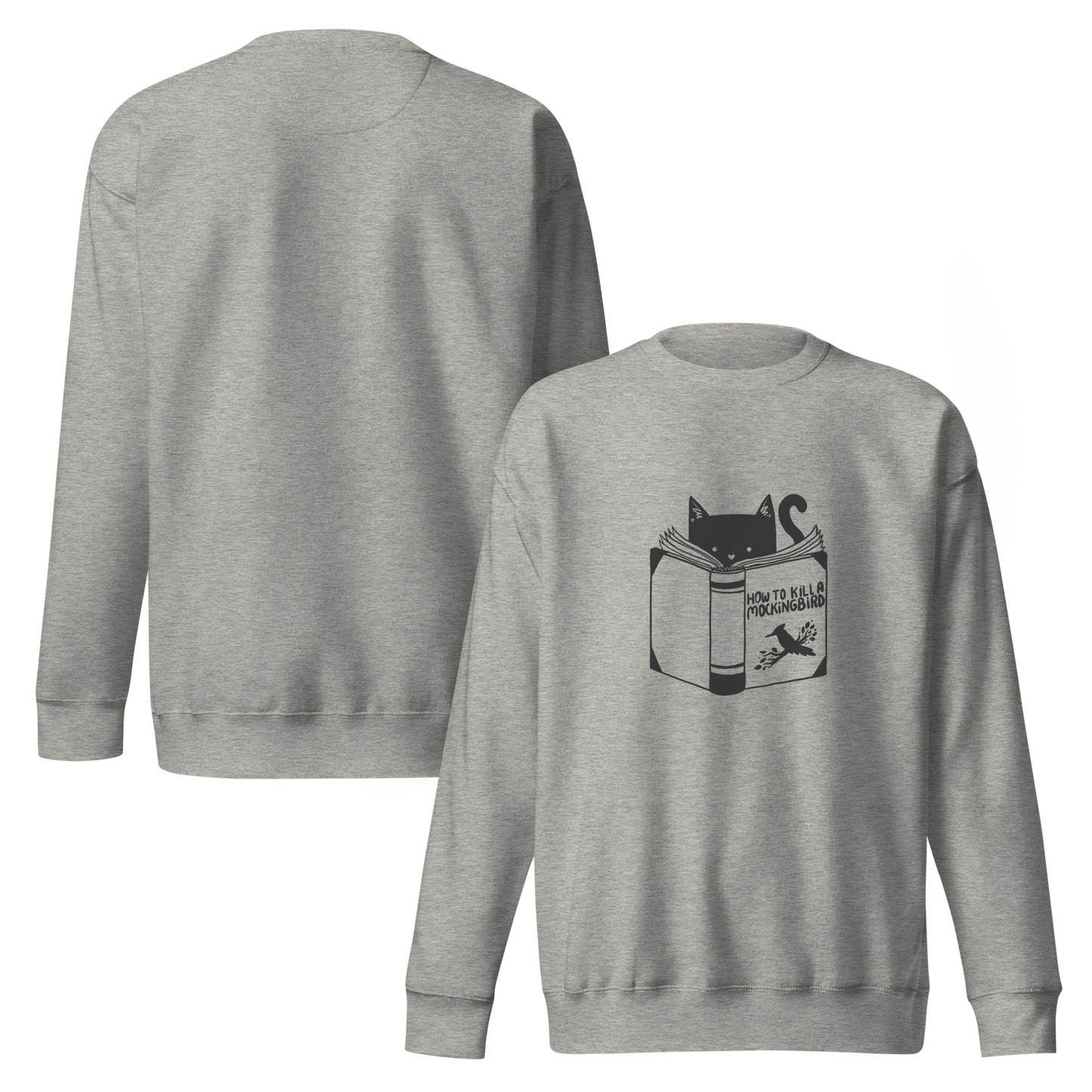 A black and white illustration features a cat peeking over an open book titled 'How to Kill a Mockingbird,' playfully altering the classic novel's title. The cat has a heart-shaped nose and simple, cute facial features. The design is whimsical and ironic, combining classic literature with a humorous twist.