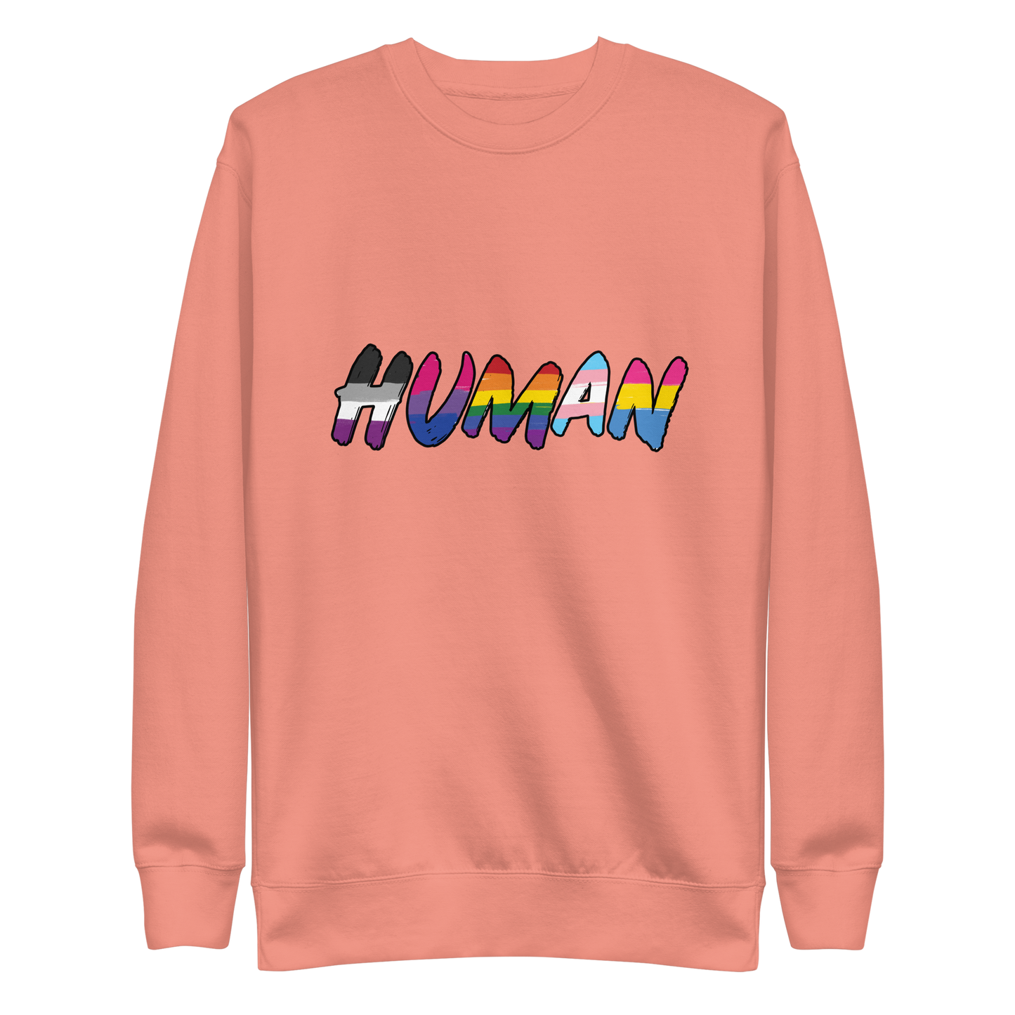 The image displays the word 'HUMAN' in bold, capitalized letters filled with colorful pride flag patterns. The colors within the letters represent different LGBTQ+ pride flags, symbolizing inclusivity and diversity. The background is solid black, which makes the colorful patterns stand out more vibrantly.