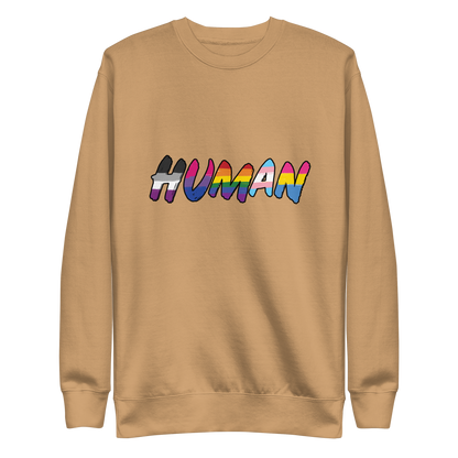 The image displays the word 'HUMAN' in bold, capitalized letters filled with colorful pride flag patterns. The colors within the letters represent different LGBTQ+ pride flags, symbolizing inclusivity and diversity. The background is solid black, which makes the colorful patterns stand out more vibrantly.