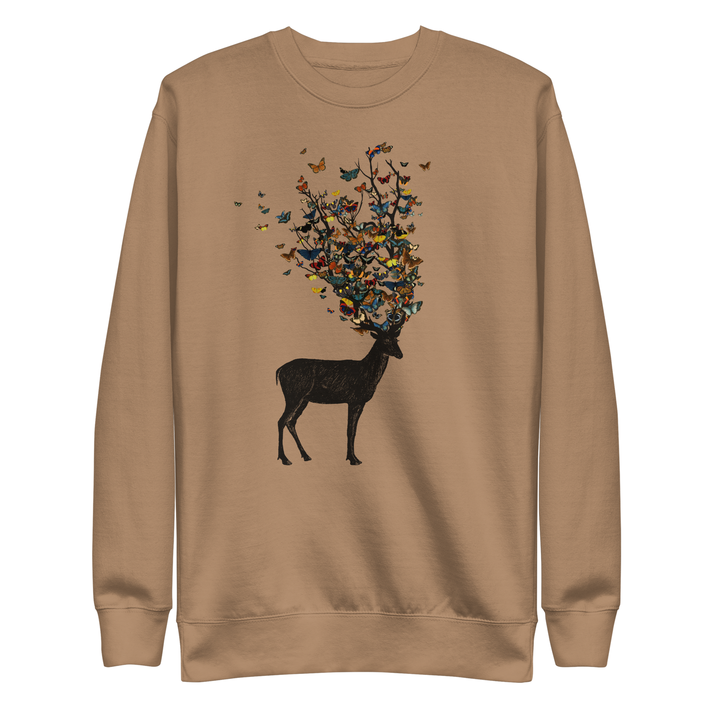 The image depicts a dark, silhouetted deer standing on a neutral background. Instead of branches, its antlers transform into a swirling cloud of vibrant, colorful butterflies that extend upwards and outward. The mix of organic and ethereal elements creates a captivating and whimsical visual contrast.
