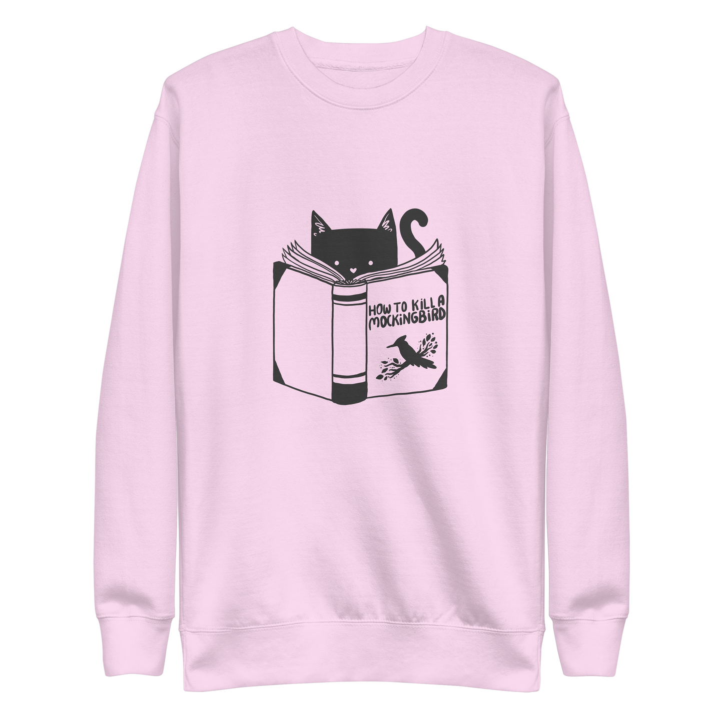 A black and white illustration features a cat peeking over an open book titled 'How to Kill a Mockingbird,' playfully altering the classic novel's title. The cat has a heart-shaped nose and simple, cute facial features. The design is whimsical and ironic, combining classic literature with a humorous twist.