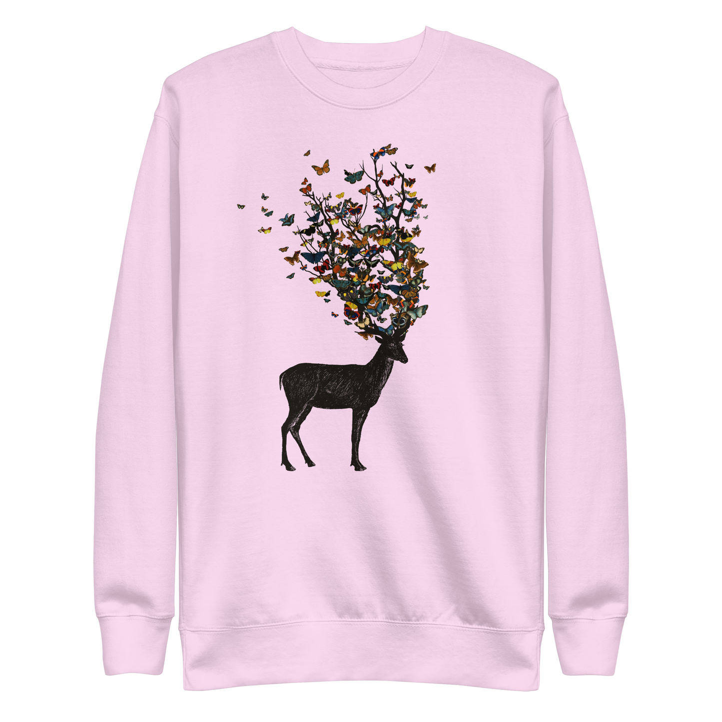The image depicts a dark, silhouetted deer standing on a neutral background. Instead of branches, its antlers transform into a swirling cloud of vibrant, colorful butterflies that extend upwards and outward. The mix of organic and ethereal elements creates a captivating and whimsical visual contrast.