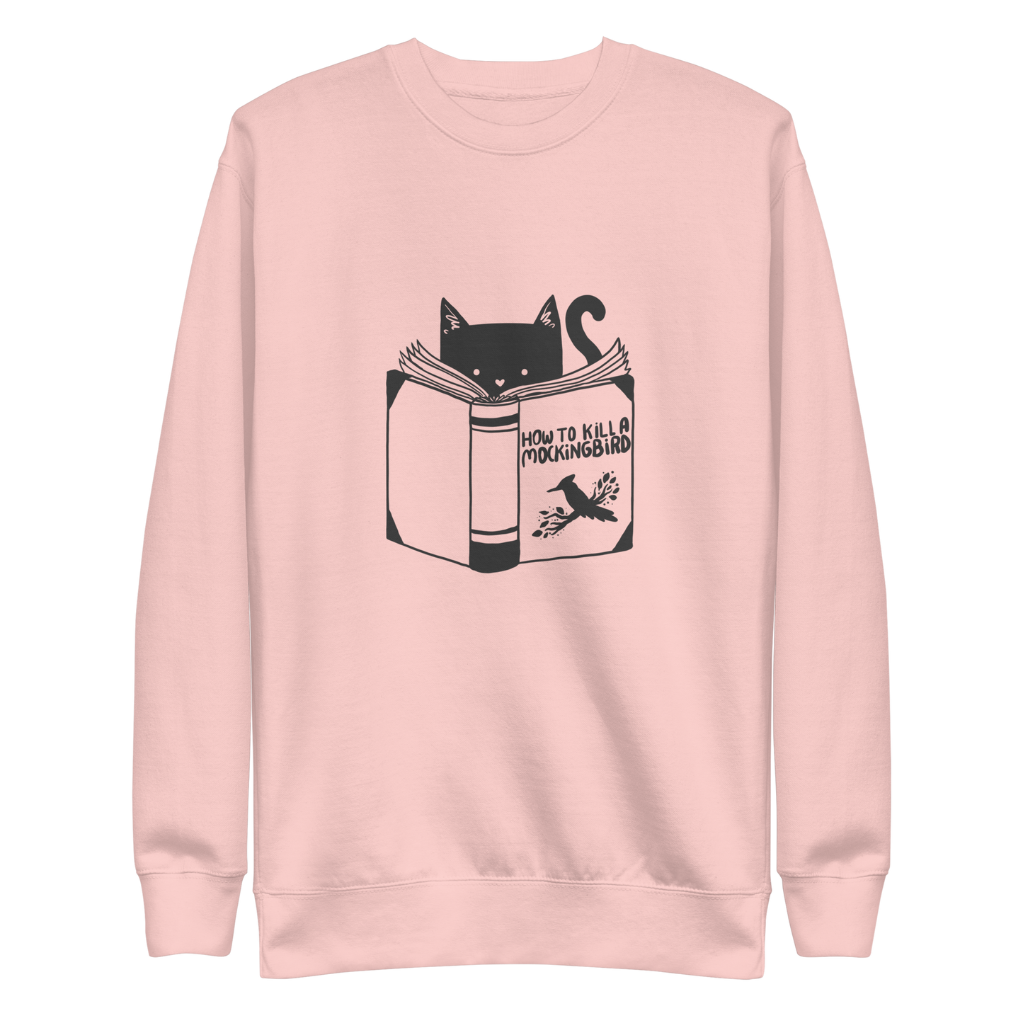 A black and white illustration features a cat peeking over an open book titled 'How to Kill a Mockingbird,' playfully altering the classic novel's title. The cat has a heart-shaped nose and simple, cute facial features. The design is whimsical and ironic, combining classic literature with a humorous twist.