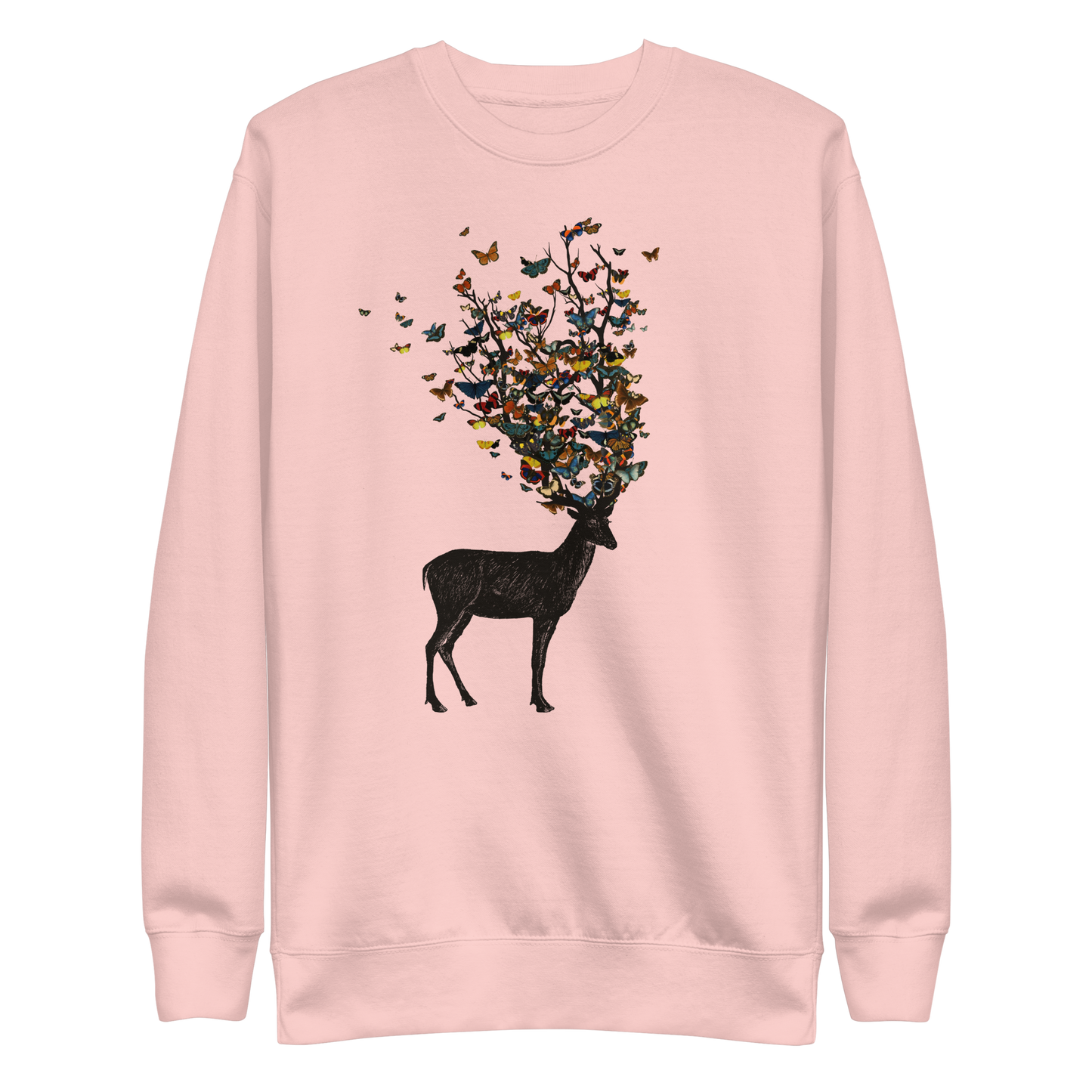 The image depicts a dark, silhouetted deer standing on a neutral background. Instead of branches, its antlers transform into a swirling cloud of vibrant, colorful butterflies that extend upwards and outward. The mix of organic and ethereal elements creates a captivating and whimsical visual contrast.