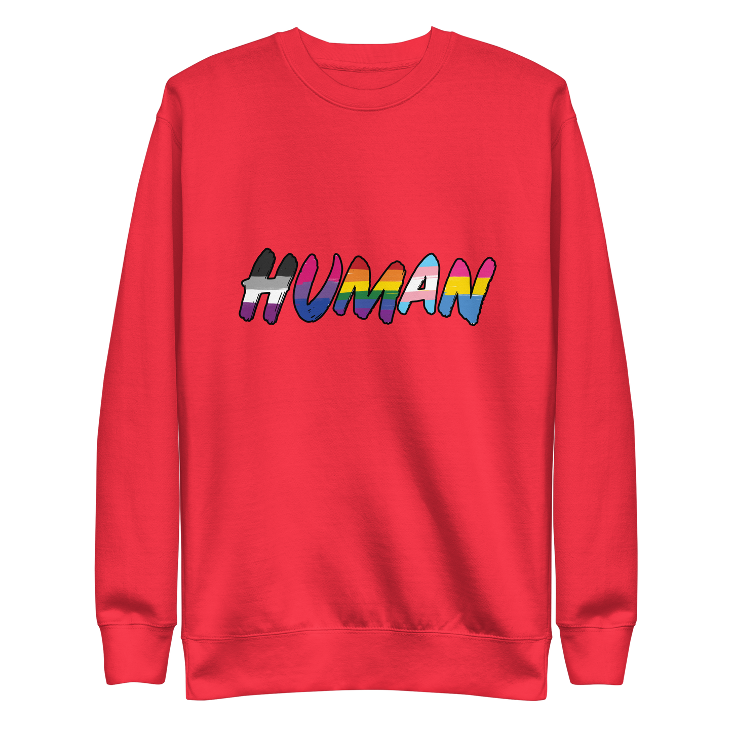 The image displays the word 'HUMAN' in bold, capitalized letters filled with colorful pride flag patterns. The colors within the letters represent different LGBTQ+ pride flags, symbolizing inclusivity and diversity. The background is solid black, which makes the colorful patterns stand out more vibrantly.