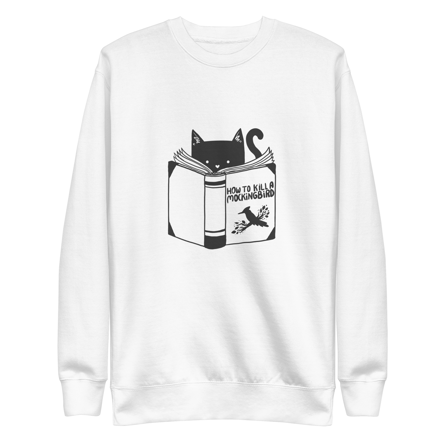 A black and white illustration features a cat peeking over an open book titled 'How to Kill a Mockingbird,' playfully altering the classic novel's title. The cat has a heart-shaped nose and simple, cute facial features. The design is whimsical and ironic, combining classic literature with a humorous twist.