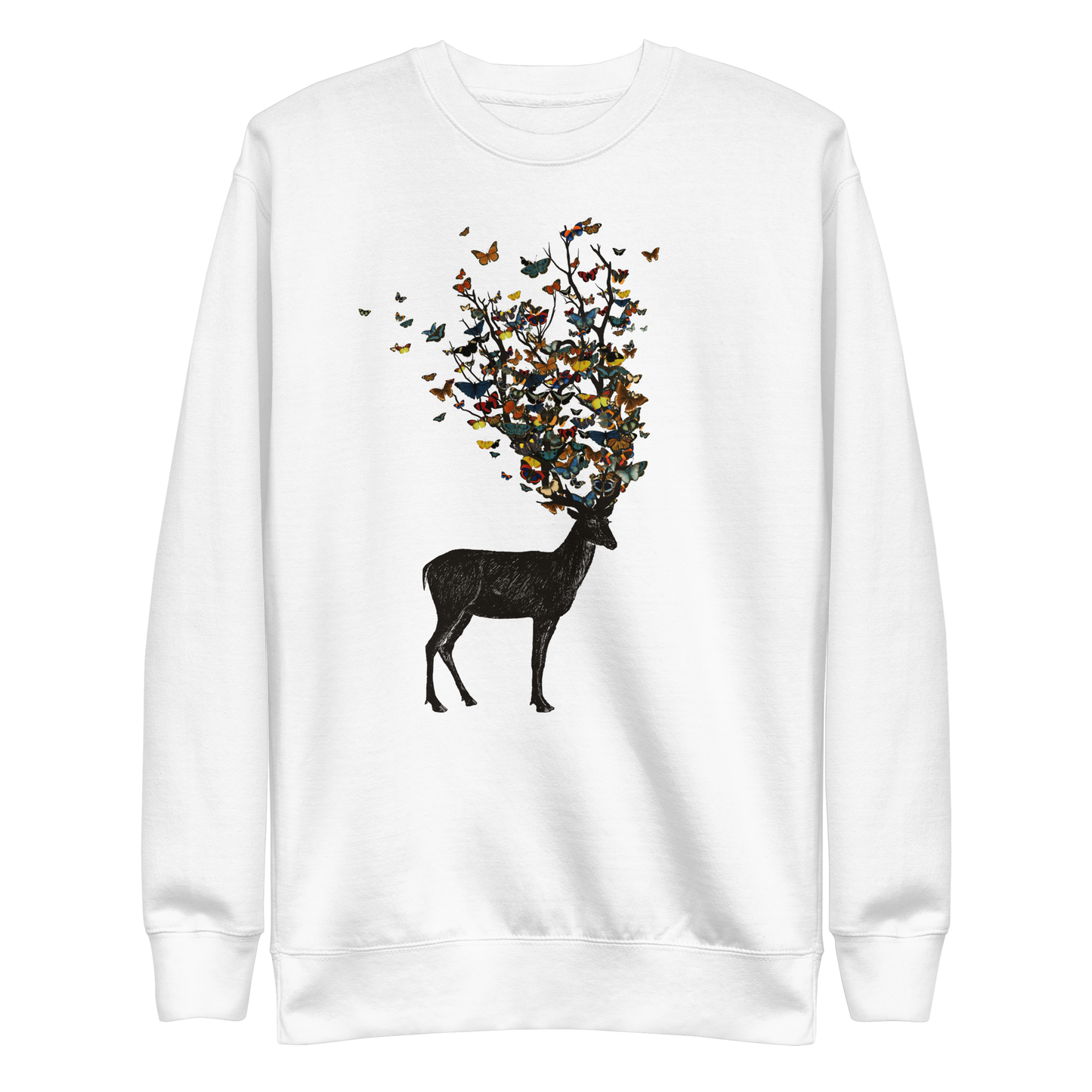 The image depicts a dark, silhouetted deer standing on a neutral background. Instead of branches, its antlers transform into a swirling cloud of vibrant, colorful butterflies that extend upwards and outward. The mix of organic and ethereal elements creates a captivating and whimsical visual contrast.