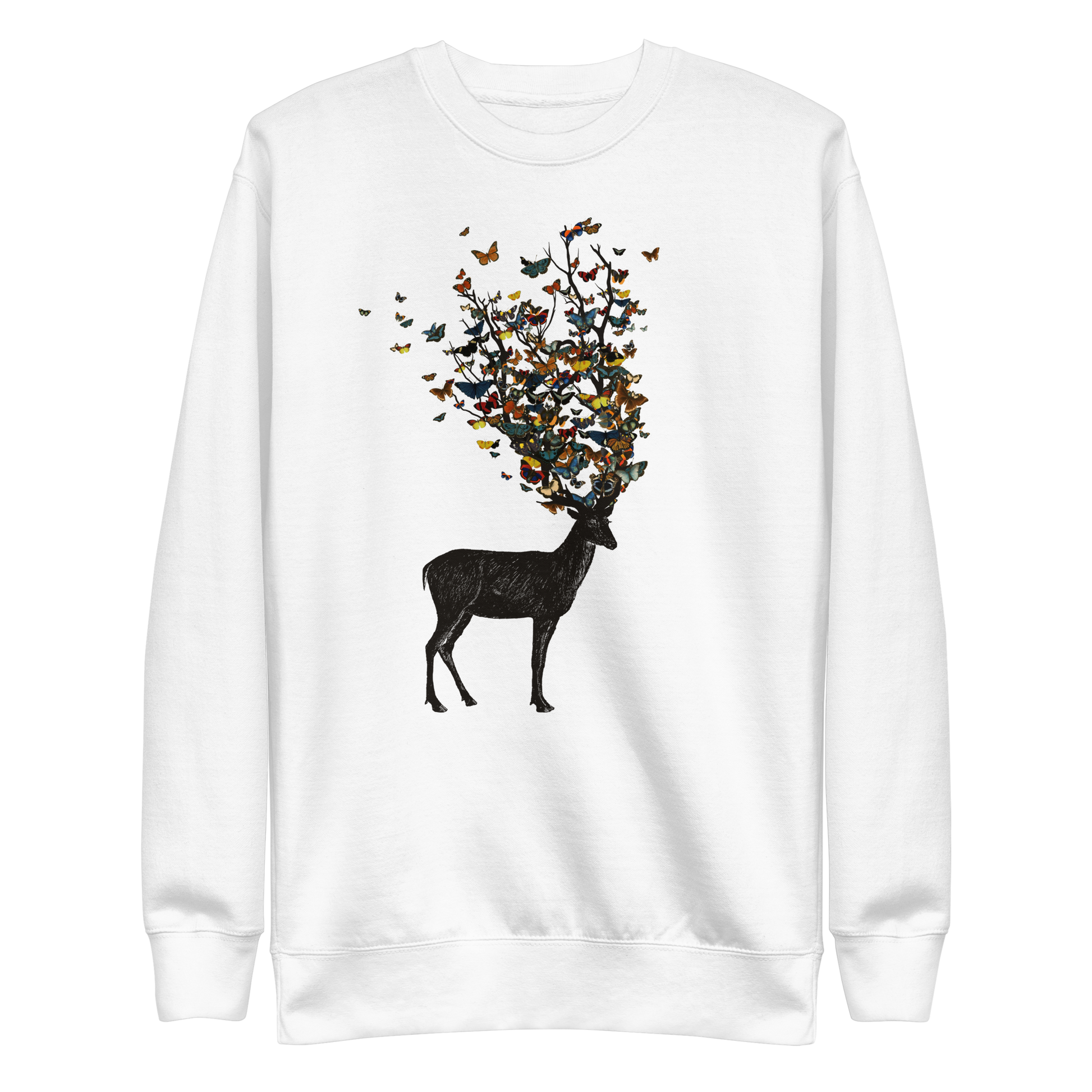 The image depicts a dark, silhouetted deer standing on a neutral background. Instead of branches, its antlers transform into a swirling cloud of vibrant, colorful butterflies that extend upwards and outward. The mix of organic and ethereal elements creates a captivating and whimsical visual contrast.