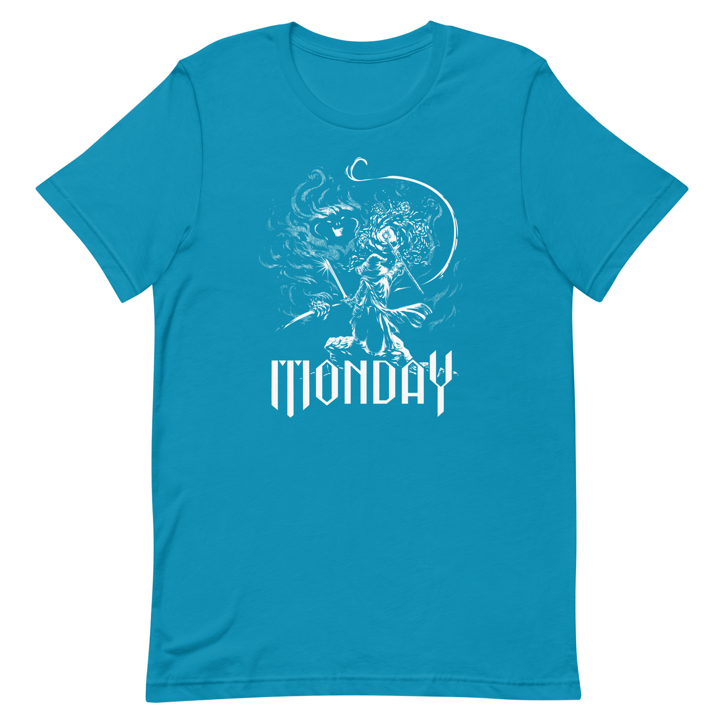 A white fantasy-style illustration showing a wizard standing on a rock, wielding a staff and sword, casting a spell toward a swirling dark, smoky monster with glowing eyes and mouth. The word “MONDAY” appears in large, bold, gothic letters at the bottom, symbolizing the wizard battling the chaos of Monday.