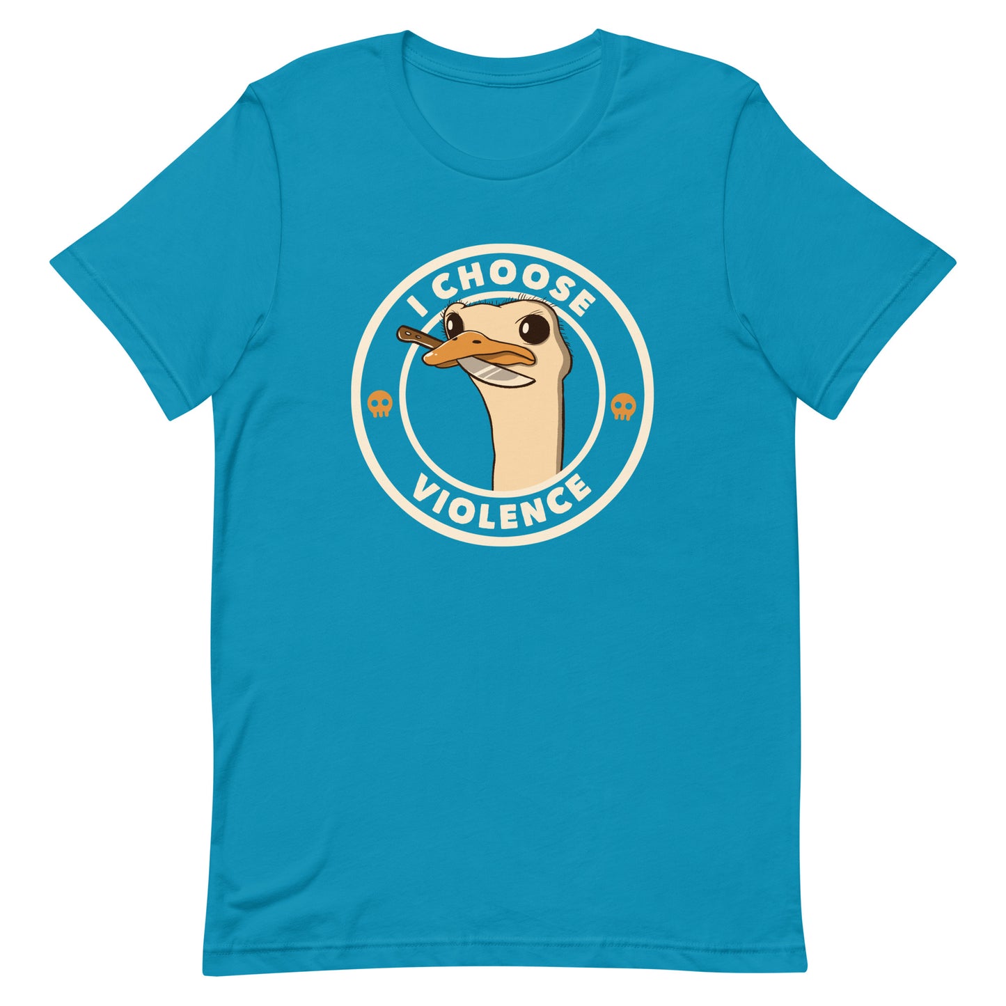 A cartoonish emu with large, expressive eyes holds a knife in its beak, suggesting a humorous and ironic menacing look. The image is framed by two circles, with the text 'I CHOOSE VIOLENCE' around the inner circle. Two small skull icons are placed on either side below the text.