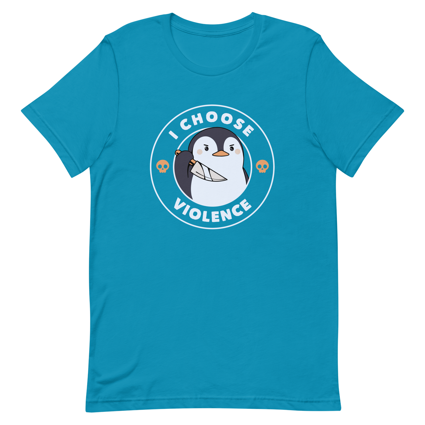 A cartoon-style penguin with a slightly menacing expression holds a large knife. It is surrounded by the words 'I CHOOSE VIOLENCE' in bold uppercase letters. There are two small orange skulls flanking the penguin. The overall design is circular and features contrasting colors for a dramatic effect.