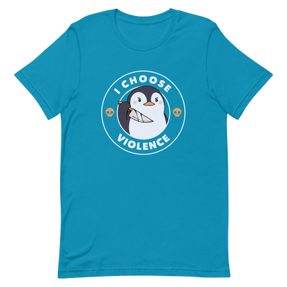 A cartoon-style penguin with a slightly menacing expression holds a large knife. It is surrounded by the words 'I CHOOSE VIOLENCE' in bold uppercase letters. There are two small orange skulls flanking the penguin. The overall design is circular and features contrasting colors for a dramatic effect.