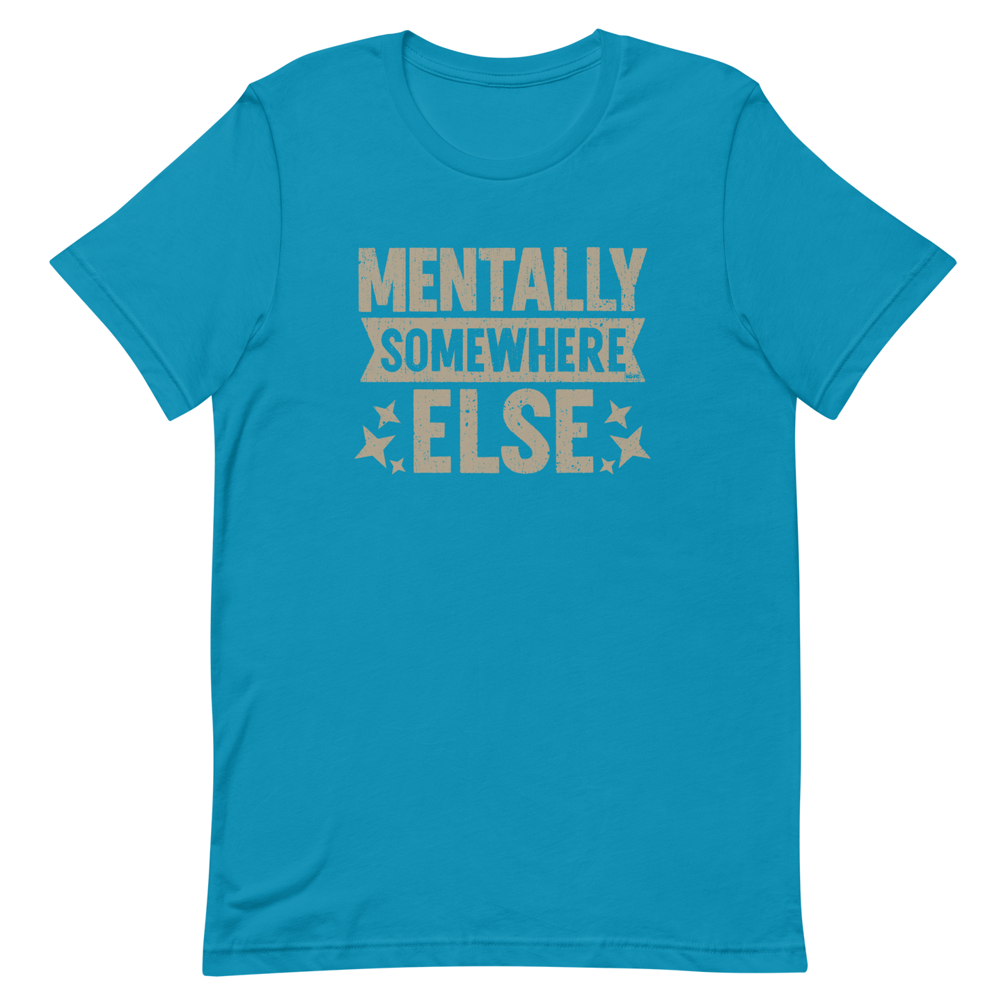 Distressed vintage-style text graphic displaying the phrase “Mentally Somewhere Else,” decorated with scattered star icons and a bold, textured font.