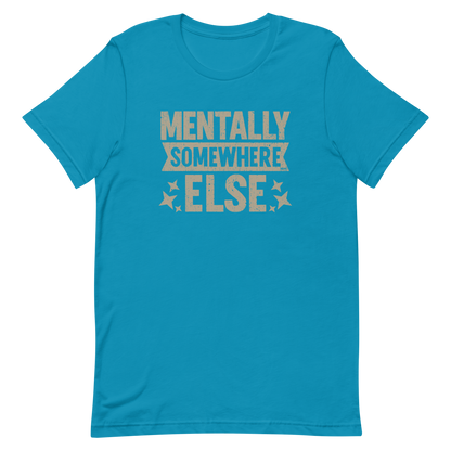 Distressed vintage-style text graphic displaying the phrase “Mentally Somewhere Else,” decorated with scattered star icons and a bold, textured font.