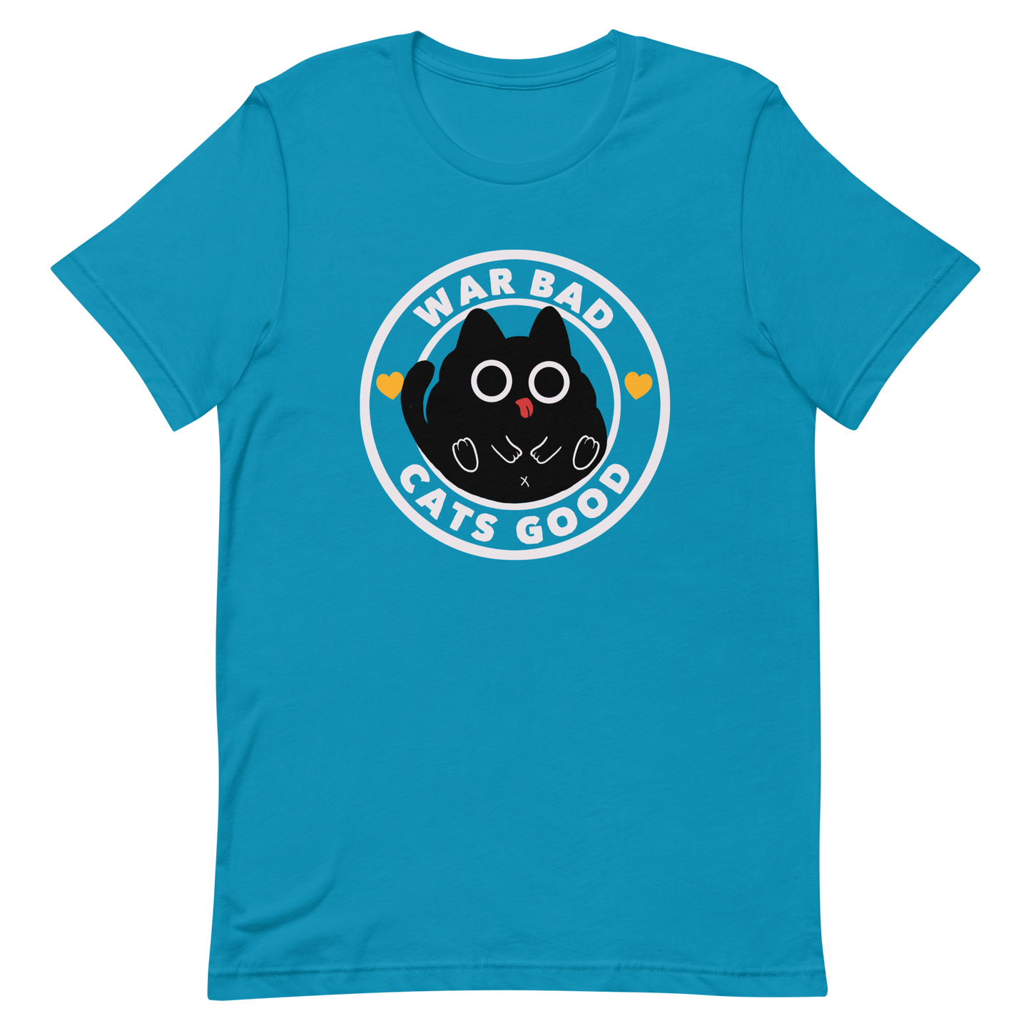 A chubby black cat with big round eyes sits in the center of a circle with the words “War Bad, Cats Good.” This artwork mixes cuteness with a powerful message, reminding us that peace and love always win over conflict. Perfect for cat lovers, peace advocates, and anyone who enjoys playful yet meaningful designs.