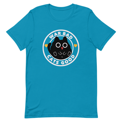 A chubby black cat with big round eyes sits in the center of a circle with the words “War Bad, Cats Good.” This artwork mixes cuteness with a powerful message, reminding us that peace and love always win over conflict. Perfect for cat lovers, peace advocates, and anyone who enjoys playful yet meaningful designs.