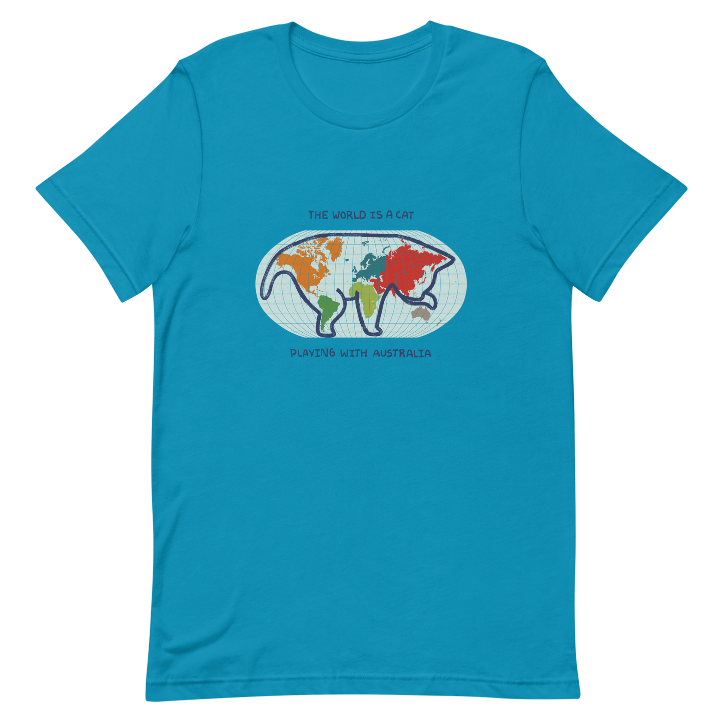 The world map forms the silhouette of a giant cat playing with Australia as if it were a toy. This design transforms the planet into a fun scene that combines humor and imagination. Ideal for cat lovers, geography enthusiasts and anyone who enjoys seeing the world with a touch of creativity.
