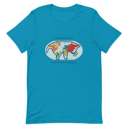 The world map forms the silhouette of a giant cat playing with Australia as if it were a toy. This design transforms the planet into a fun scene that combines humor and imagination. Ideal for cat lovers, geography enthusiasts and anyone who enjoys seeing the world with a touch of creativity.