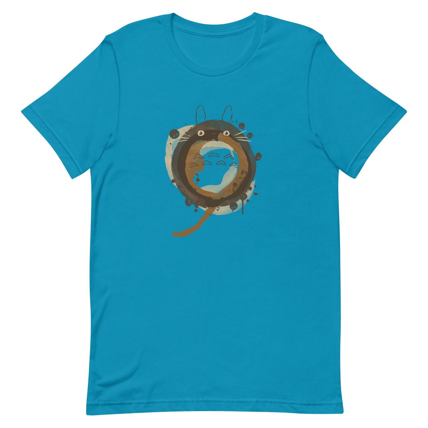 A watercolor-style creature forms a circular shape in soft shades of brown, surrounded by tiny forest spirits. The minimalist ink and watercolor textures create a dreamy, nostalgic atmosphere. Perfect for fans of nature, calm energy, and magical worlds.