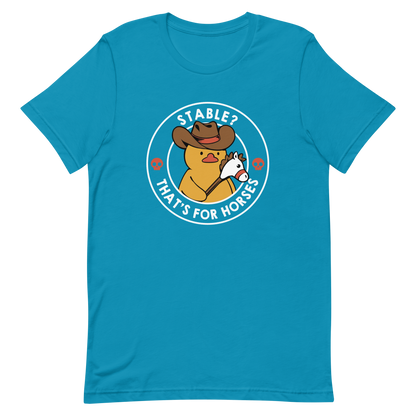 A cute duck dressed as a cowboy, wearing a hat and holding a wood horse, surrounded by the phrase "Stable? That's for horses". This design blends dark humor and cuteness, punning on emotional stability and a stable. Perfect for duck lovers, funny prints, and fans of irreverent humor.