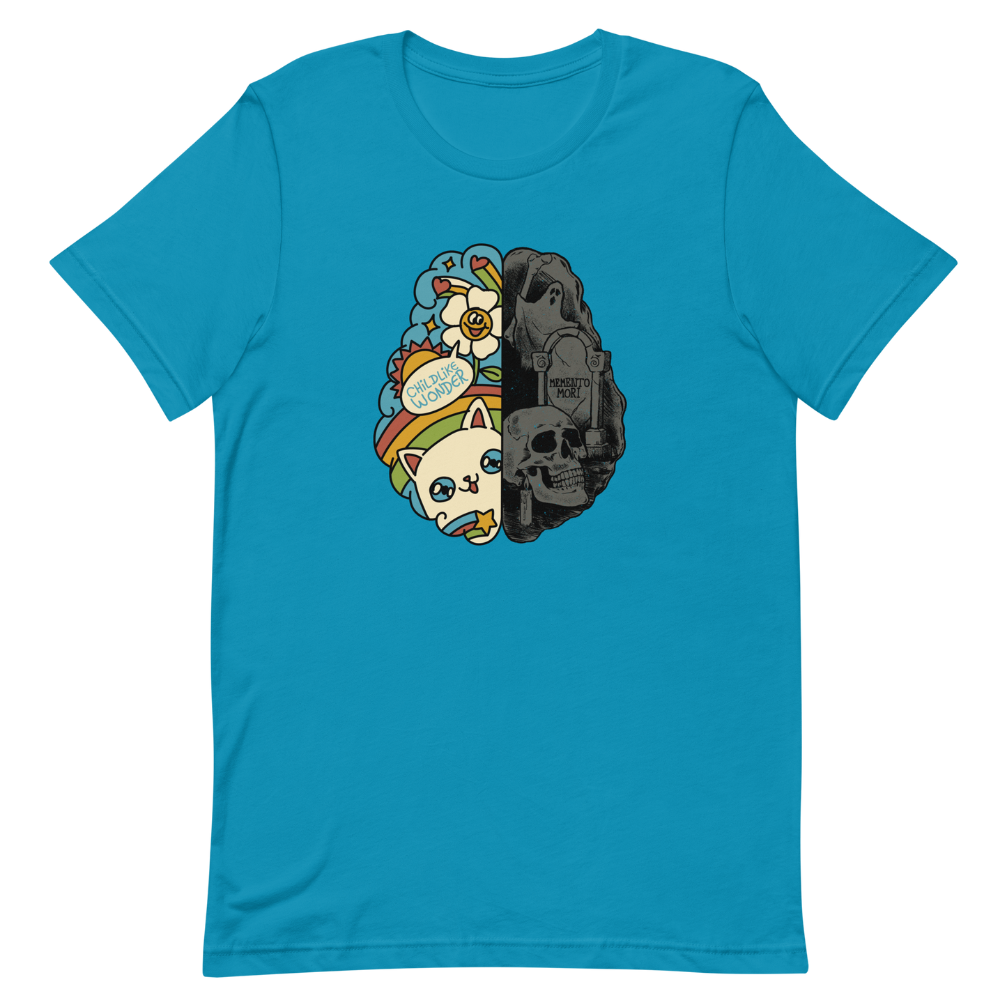 This artwork depicts a split brain, one side cheerful and vibrant with a cute cat, rainbows, and the phrase "Childlike Wonder," the other dark and gothic with skulls and the inscription "Memento Mor". It represents the duality between life and mortality, joy and decay. A perfect choice for fans of art with a macabre yet cute touch, psychological themes, and people who have an inner duality.