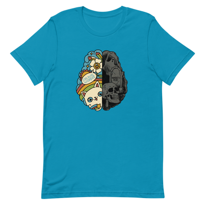 This artwork depicts a split brain, one side cheerful and vibrant with a cute cat, rainbows, and the phrase "Childlike Wonder," the other dark and gothic with skulls and the inscription "Memento Mor". It represents the duality between life and mortality, joy and decay. A perfect choice for fans of art with a macabre yet cute touch, psychological themes, and people who have an inner duality.