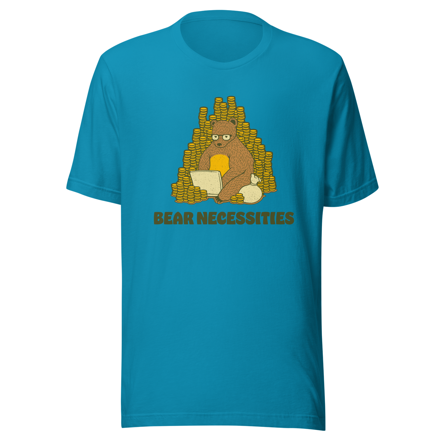 A brown bear wearing glasses works on his laptop, surrounded by stacks of coins. The phrase ‘Bear Necessities’ adds a clever, humorous twist. A minimalist and playful design, perfect for entrepreneurs, freelancers, office lovers and fans of witty animal art.