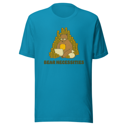 A brown bear wearing glasses works on his laptop, surrounded by stacks of coins. The phrase ‘Bear Necessities’ adds a clever, humorous twist. A minimalist and playful design, perfect for entrepreneurs, freelancers, office lovers and fans of witty animal art.