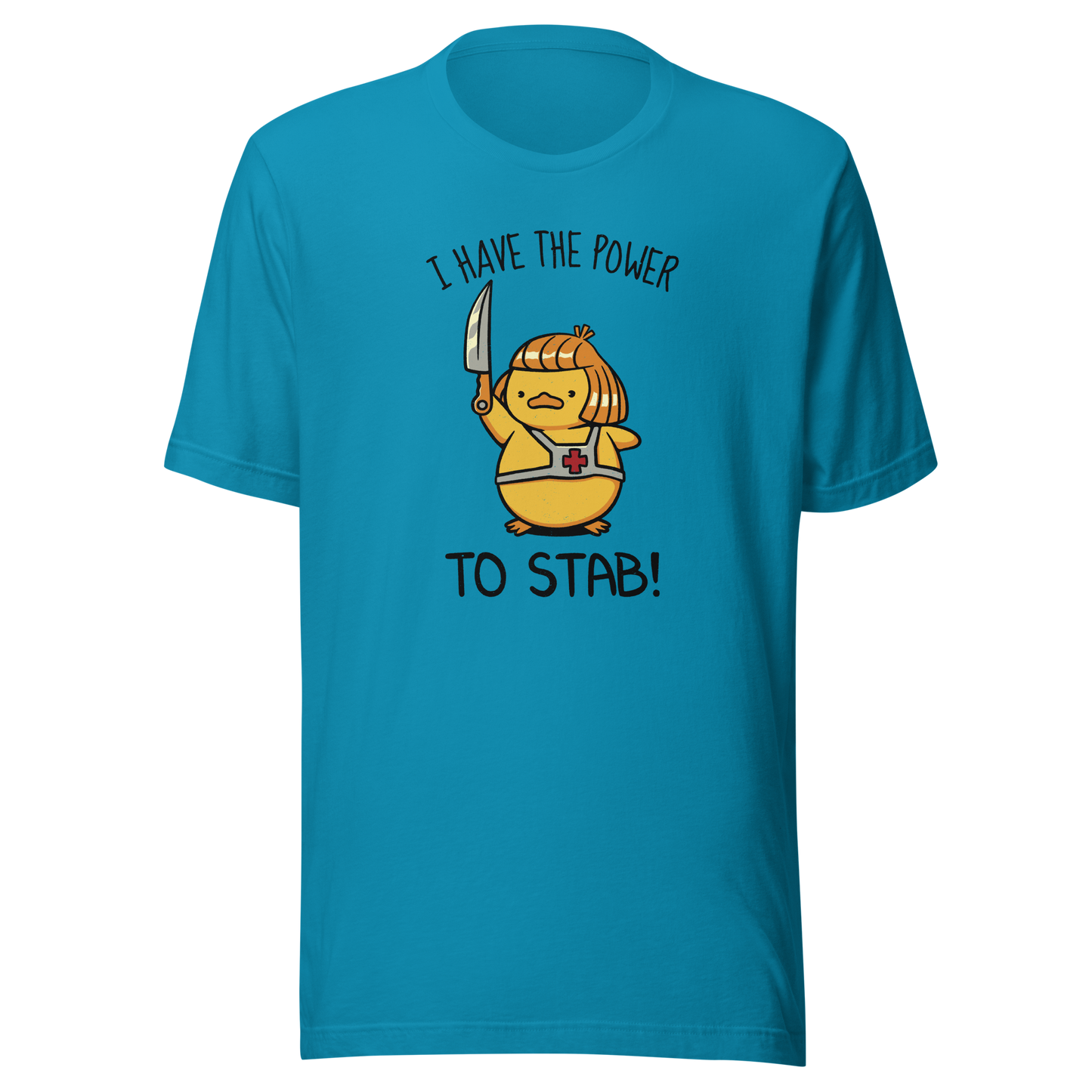An illustration of a duck inspired by a classic '80s fantasy cartoon hero, dramatically holding a knife like a legendary sword beneath the phrase "I Have The Power To Stab." A fun parody design for fans of retro cartoons, nostalgic pop culture, fantasy adventures, and absurd animal humour.