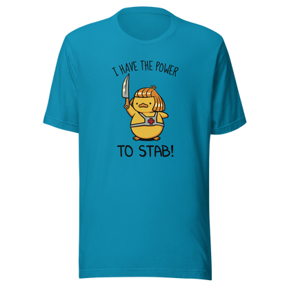 An illustration of a duck inspired by a classic '80s fantasy cartoon hero, dramatically holding a knife like a legendary sword beneath the phrase "I Have The Power To Stab." A fun parody design for fans of retro cartoons, nostalgic pop culture, fantasy adventures, and absurd animal humour.