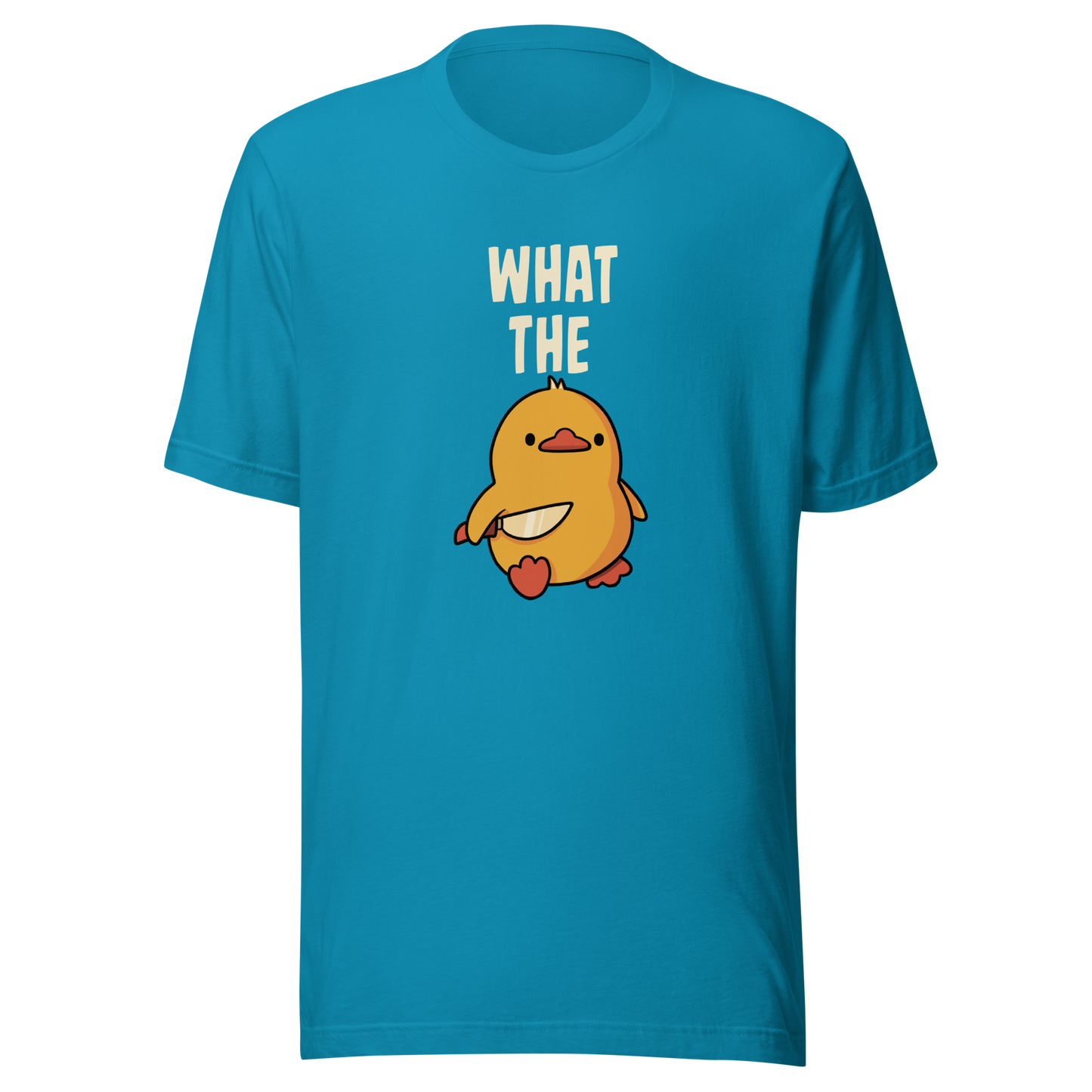 A cute yellow duck holding a small knife, with “What The” above it, completed by the duck below to read “What The Duck”. A playful mix of sweet and chaotic humor.