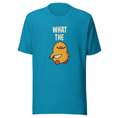 A cute yellow duck holding a small knife, with “What The” above it, completed by the duck below to read “What The Duck”. A playful mix of sweet and chaotic humor.