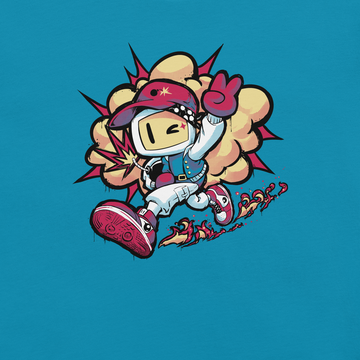A cheerful retro robot races forward in a playful action pose, wearing a cap and giving a peace sign, with a comic-style burst and fiery trail behind it. 