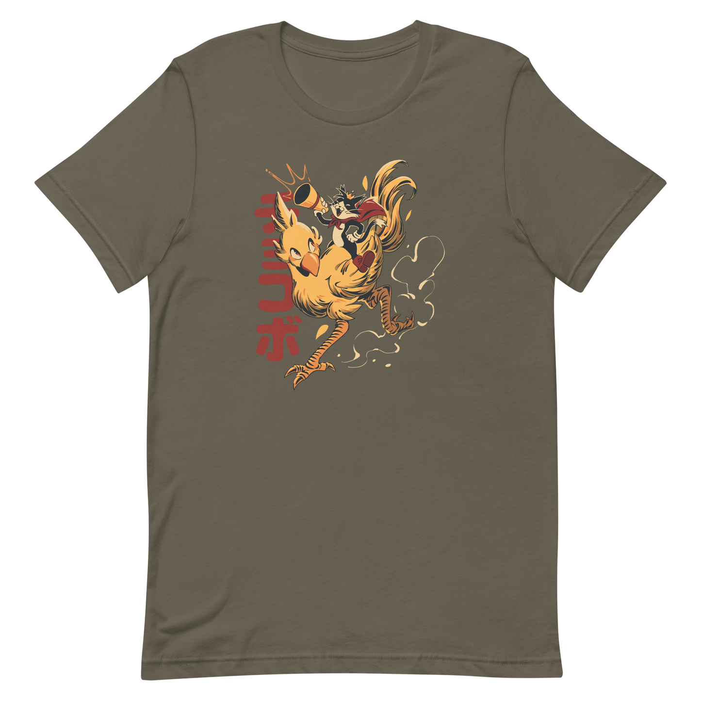 A stylized cartoon illustration of a confident cat wearing a cape and crown while riding a large yellow bird at full speed, with dynamic motion lines and Japanese writing in the background.