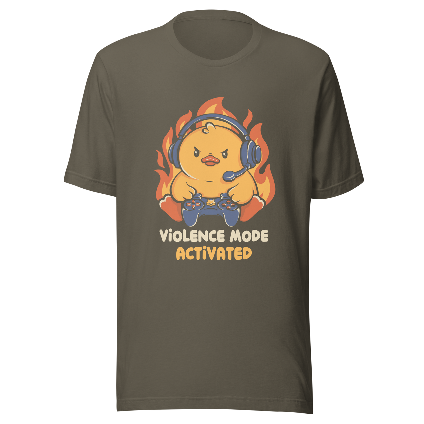 A determined duck, with flames behind it, wearing a gaming headset and holding a controller with intense focus. This design captures the humorous intensity of going full "violence mode" during competitive matches. Perfect for gamers, streamers, and fans of bold and fun geek designs.