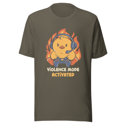 A determined duck, with flames behind it, wearing a gaming headset and holding a controller with intense focus. This design captures the humorous intensity of going full "violence mode" during competitive matches. Perfect for gamers, streamers, and fans of bold and fun geek designs.