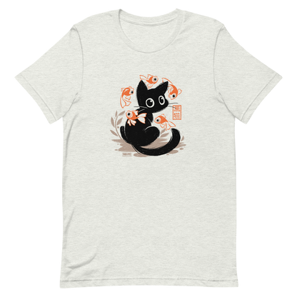 This unique design features a charming black cat amidst playful koi, rendered in beautiful Sumi-e ink style. A perfect blend of Japanese art and anime whimsy for any cat lover.