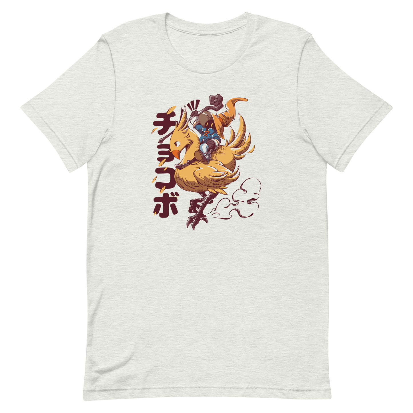 A speedy yellow bird dashes forward with a tiny mage rider gripping tight and ready for action. A fun and nostalgic design full of movement and fantasy charm.