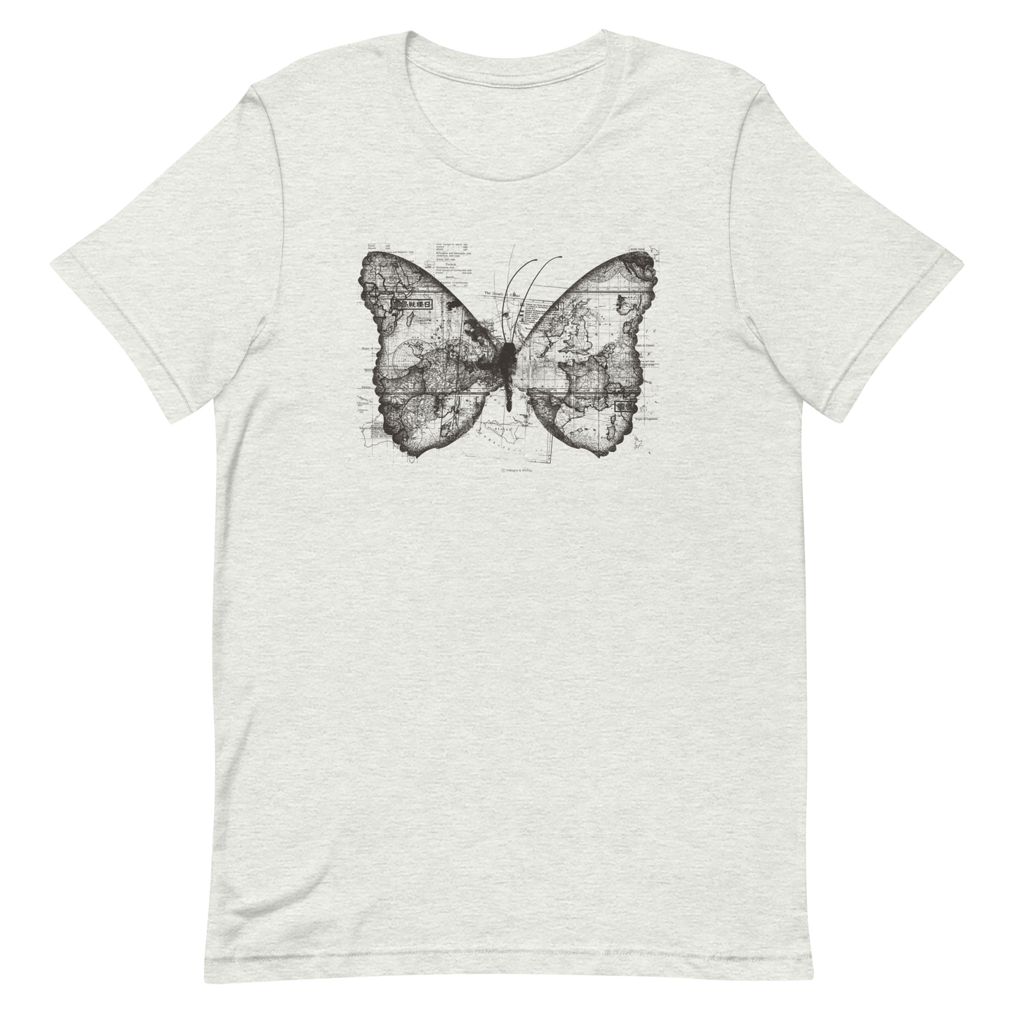 The image features a black and white butterfly where the wings are created using ancient world map designs. The maps overlay in intricate detail, blending geographical elements with the organic shape of the butterfly. Surrounding the butterfly are faint outlines of text and additional geographic features, creating a vintage and exploratory vibe.