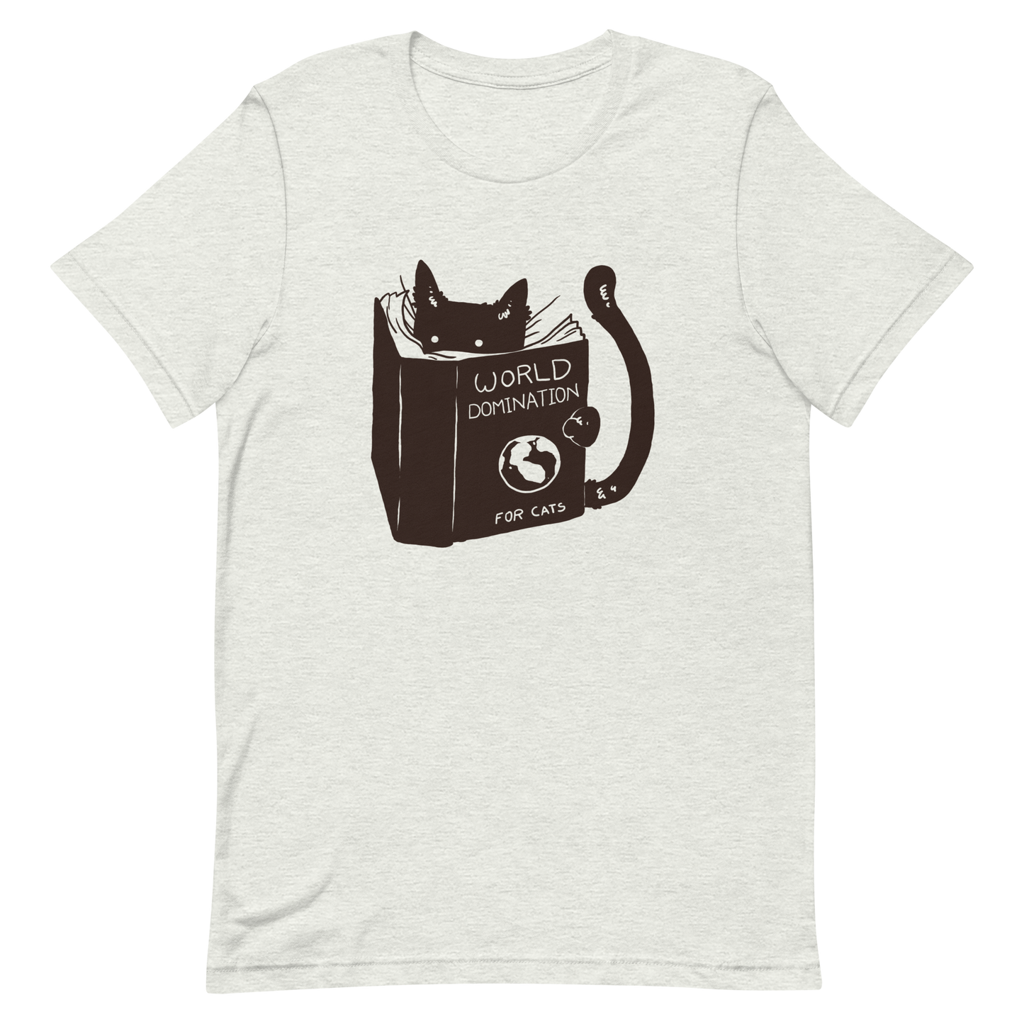 The design features a black silhouette of a cat peeking from behind an oversized book. The book's cover reads 'World Domination for Cats,' and includes a simple drawing of a globe. The cat's eyes are wide open, suggesting either surprise or intense focus on its 'world domination' plans.