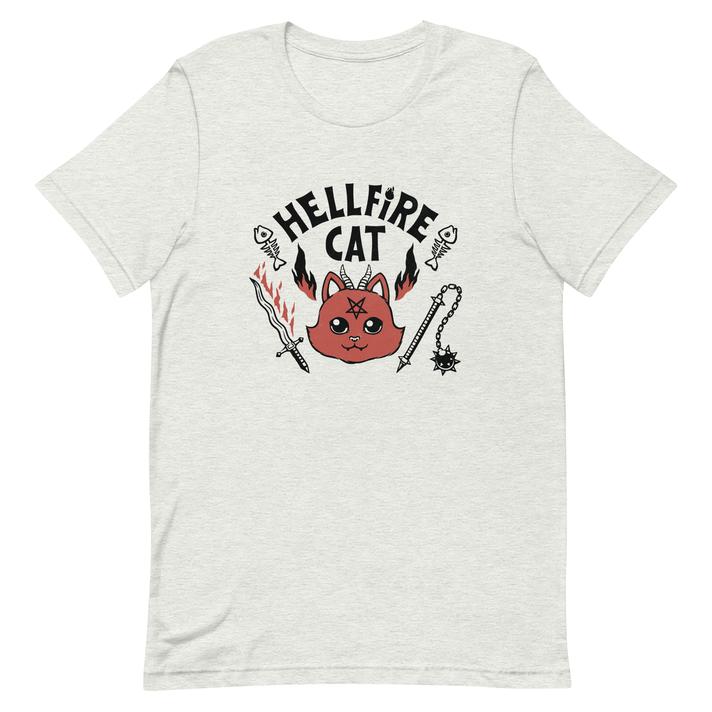 Vintage-style illustration of a cute red devil cat with small horns and a pentagram on its forehead, surrounded by flames, weapons, fish skeletons, and the bold phrase “Hellfire Cat” in a playful gothic design.