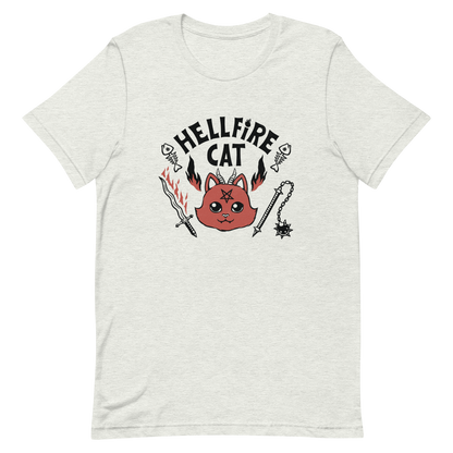 Vintage-style illustration of a cute red devil cat with small horns and a pentagram on its forehead, surrounded by flames, weapons, fish skeletons, and the bold phrase “Hellfire Cat” in a playful gothic design.
