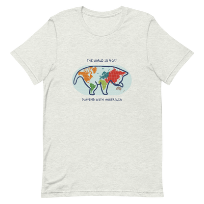 The world map forms the silhouette of a giant cat playing with Australia as if it were a toy. This design transforms the planet into a fun scene that combines humor and imagination. Ideal for cat lovers, geography enthusiasts and anyone who enjoys seeing the world with a touch of creativity.