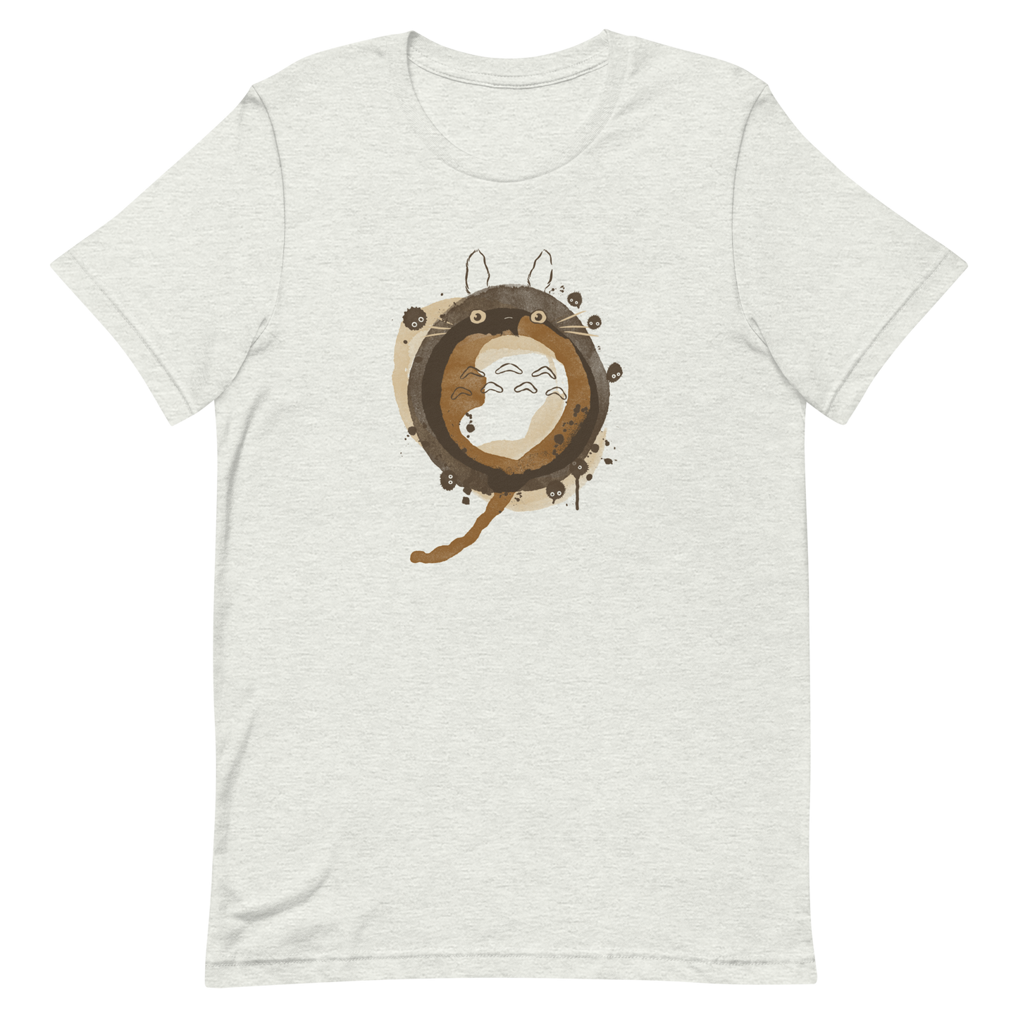 A watercolor-style creature forms a circular shape in soft shades of brown, surrounded by tiny forest spirits. The minimalist ink and watercolor textures create a dreamy, nostalgic atmosphere. Perfect for fans of nature, calm energy, and magical worlds.