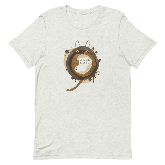 A watercolor-style creature forms a circular shape in soft shades of brown, surrounded by tiny forest spirits. The minimalist ink and watercolor textures create a dreamy, nostalgic atmosphere. Perfect for fans of nature, calm energy, and magical worlds.