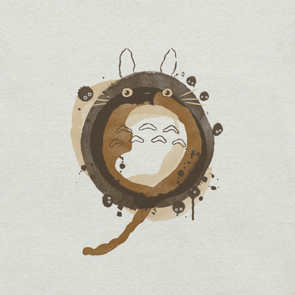 A watercolor-style creature forms a circular shape in soft shades of brown, surrounded by tiny forest spirits. The minimalist ink and watercolor textures create a dreamy, nostalgic atmosphere. Perfect for fans of nature, calm energy, and magical worlds.