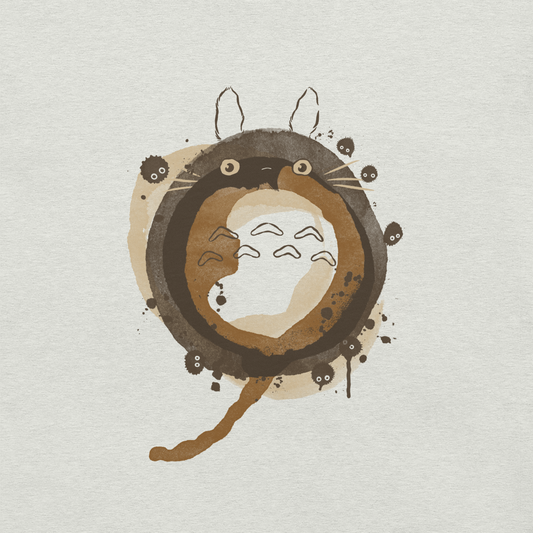 A watercolor-style creature forms a circular shape in soft shades of brown, surrounded by tiny forest spirits. The minimalist ink and watercolor textures create a dreamy, nostalgic atmosphere. Perfect for fans of nature, calm energy, and magical worlds.