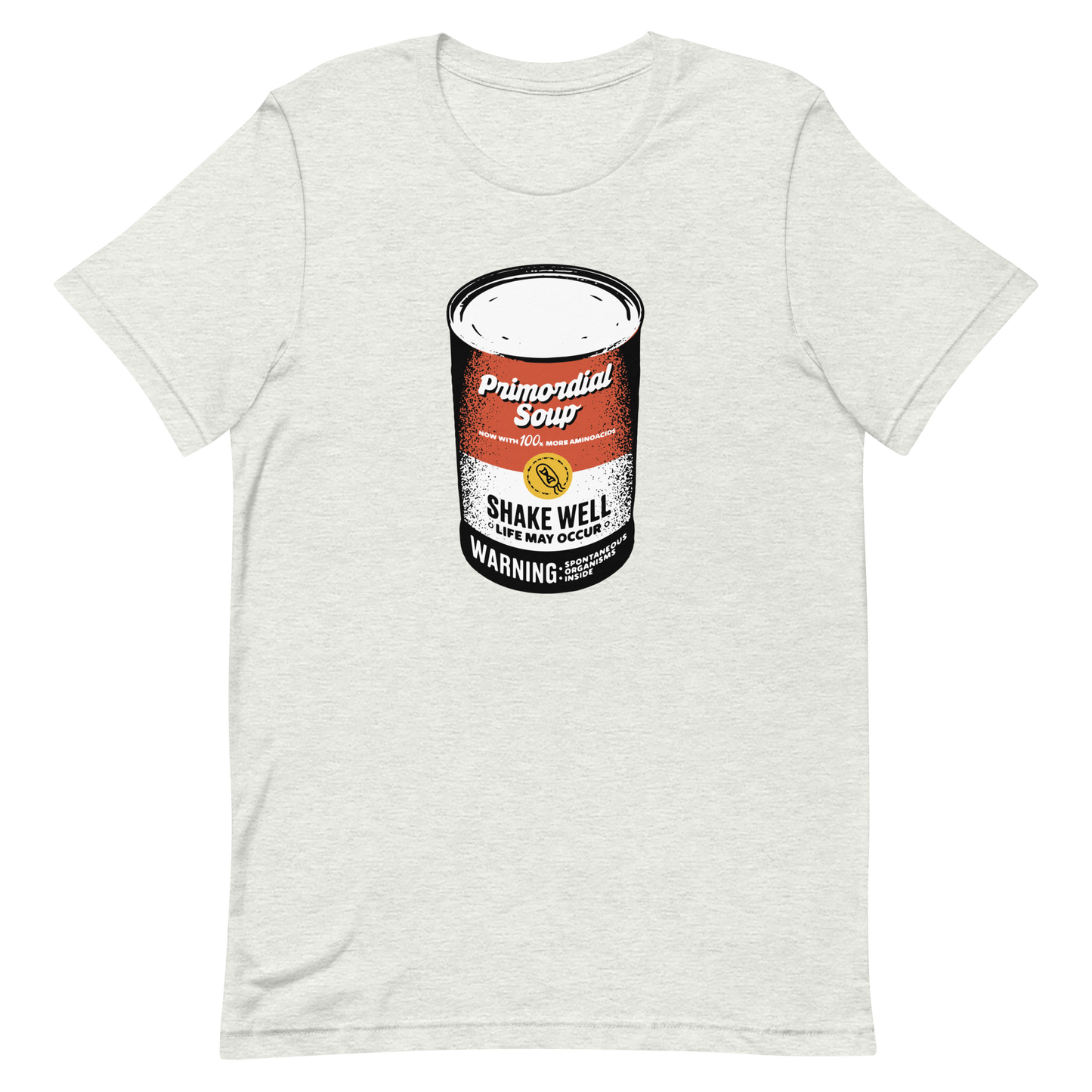 A vintage-style soup can featuring the phrase ‘Primordial Soup – Shake Well, Life May Occur’. A playful and clever design that humorously references the idea of soup as the recipe that sparked the origin of life, blending science, irony, and retro-inspired aesthetics.