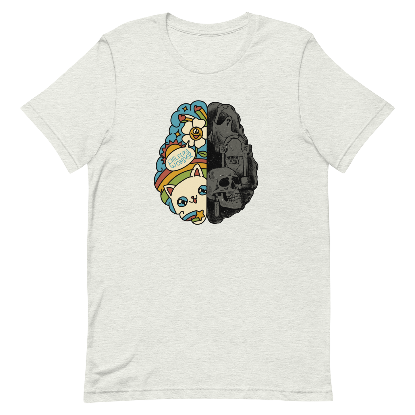 This artwork depicts a split brain, one side cheerful and vibrant with a cute cat, rainbows, and the phrase "Childlike Wonder," the other dark and gothic with skulls and the inscription "Memento Mor". It represents the duality between life and mortality, joy and decay. A perfect choice for fans of art with a macabre yet cute touch, psychological themes, and people who have an inner duality.