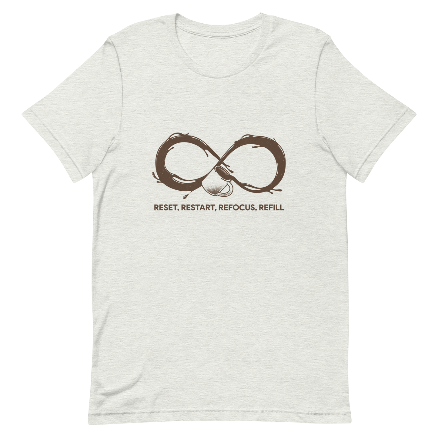 A coffee cup spills endlessly, forming an infinity symbol made of flowing coffee. This artwork celebrates the endless cycle of energy, focus, and motivation that keeps us going. Perfect for coffee lovers, caffeine addicts, and anyone who believes that every restart begins with a refill.